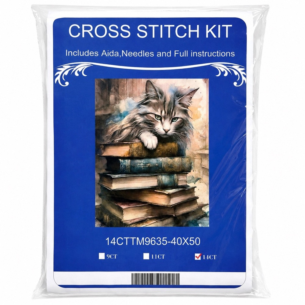 Cat on Books Counted Cross Stitch Kit 14CT 40x50cm DIY Embroidery Craft New